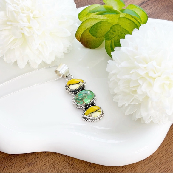 Honey Dahlia & Green Turquoise Pendant Jewelry Set Sterling Silver 925 - Picture 5 of 9